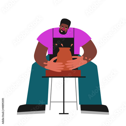 Vector isolated flat illustration with adult African American man working at pottery wheel. Student learns to make ceramic pot. Hands and apron of happy guy are stained with clay. Creative hobby