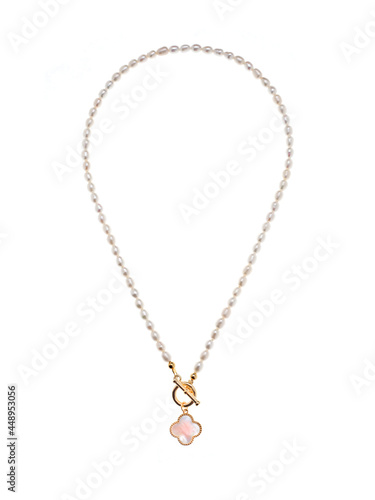Luxury elegant baroque pearl golden necklace with pendant isolated on white background