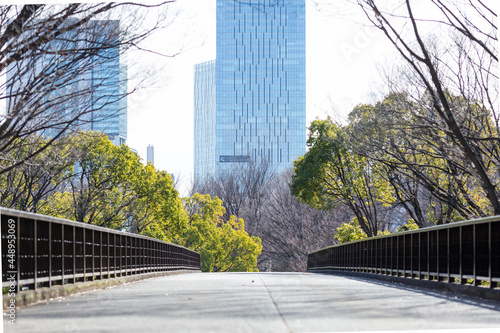 empty path of pedestrian bridge of yoyogi park in tokyo, japan photo