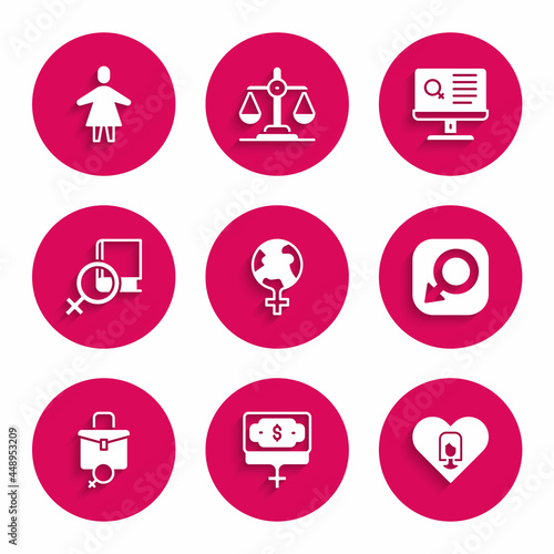 Set Feminism in the world, Money growth woman, Heart with female, Male gender, Work for, Book about women, Dating app and Female icon. Vector