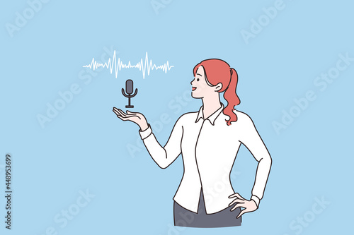 Voice assistant, speaker recognition concept. Smiling woman cartoon character standing showing voice controlled smart speaker activated digital assistants vector illustration