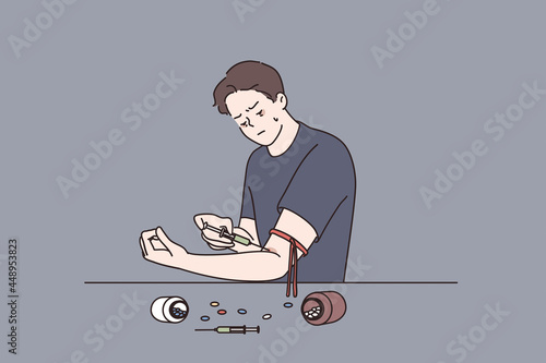 Addiction to drug and health danger concept. Young sick man cartoon character using syringe and medical pills Vector illustration 