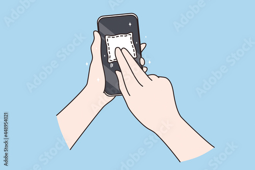 Dirty screen and microbes concept. Human Hand holding and cleaning mobile phone screen with napkin over blue background vector illustration