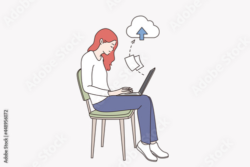 Downloading and storage in internet concept. Young smiling girl cartoon character sitting downloading information notes with laptop in cloud vector illustration  © Dzianis Vasilyeu