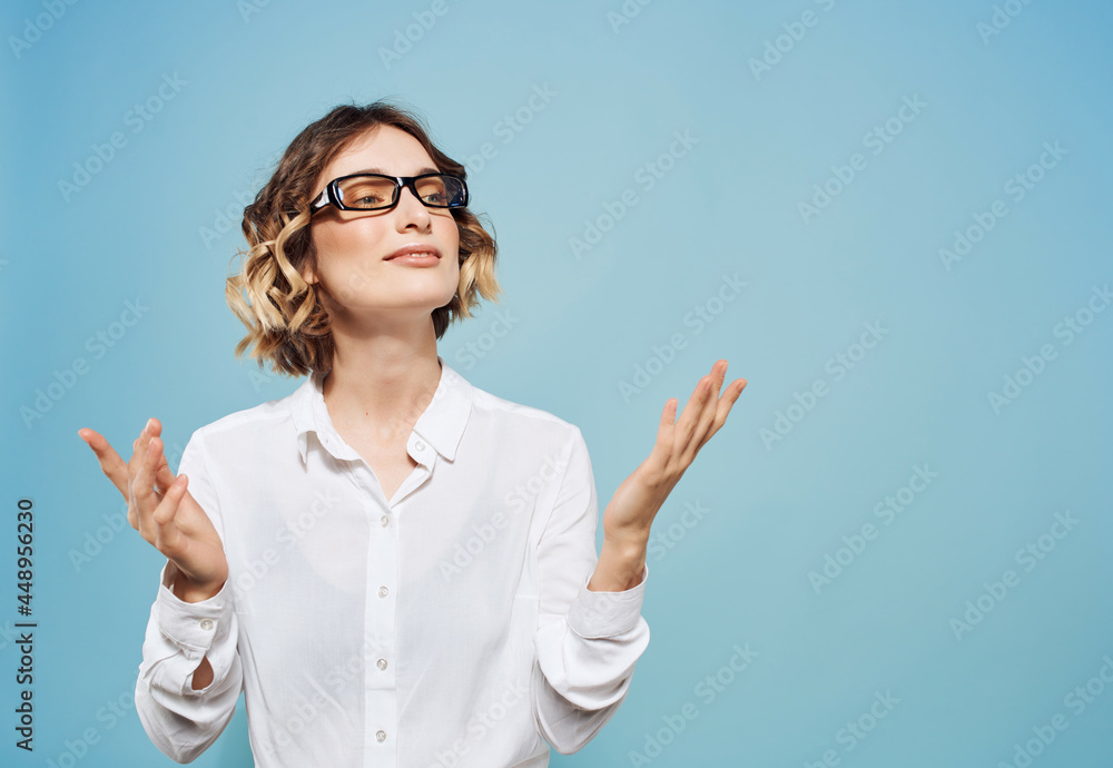 Business woman wearing glasses emotions gestures hands close-up office Business woman wearing glasses emotions gestures hands close-up office