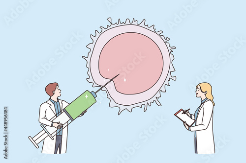 Reproductology and reproductive system health concept. Two doctors man and woman holding syringe and trying to reach out make artificial insemination vector illustration 
