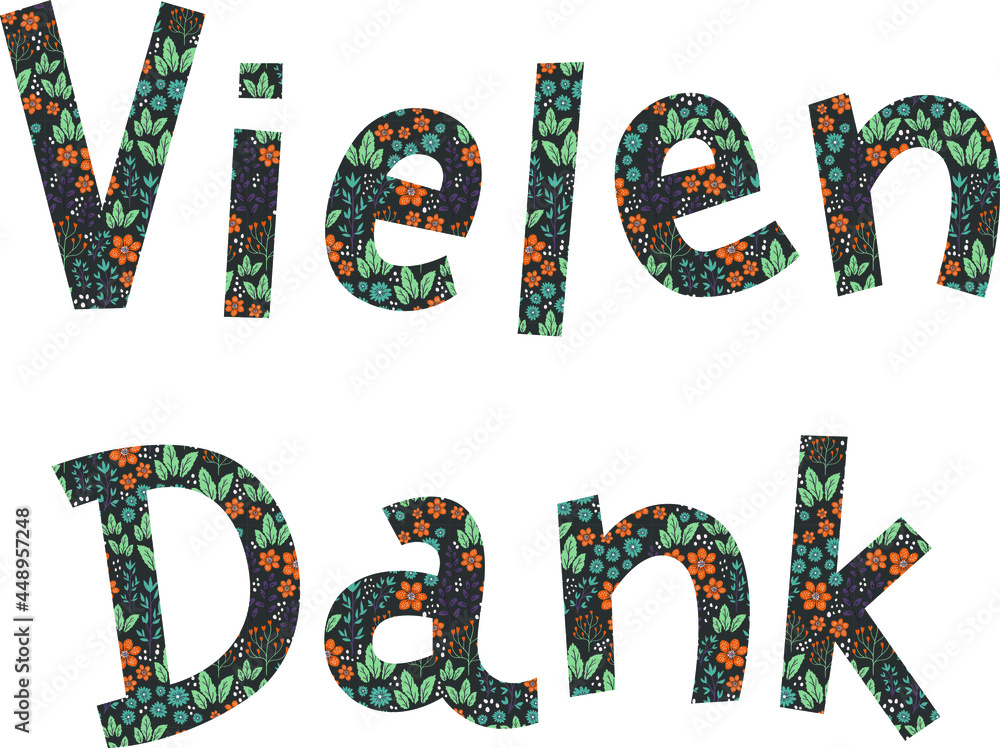 "Vielen Dank" hand-drawn vector lettering in German, in English, means