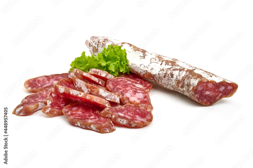 Dry cured fuet sausage, isolated on white background. High resolution image. Dry cured fuet sausage, isolated on white background. High resolution image.