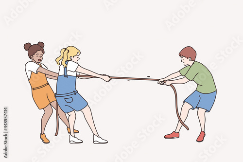 Happy playful childhood leisure concept. Group of children kids friends standing playing rope together trying to win outdoors vector illustration 