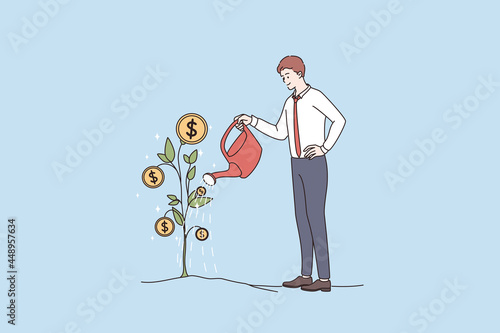 Financial success, wealth, profit concept. Young businessman standing growing income watering plant with coins vector illustration