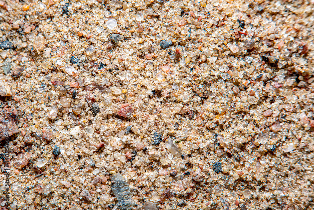 A background with a sand surface in soft focus at high magnification. Sand granules under a microscope. A background with a sand surface in soft focus at high magnification. Sand granules under a microscope.