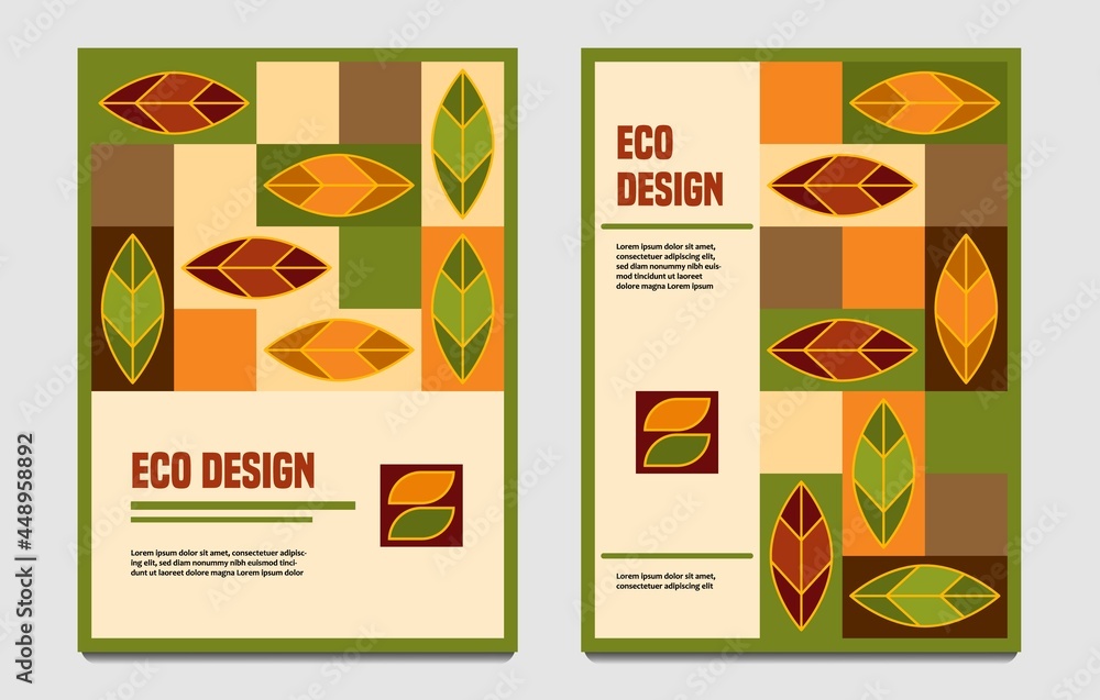 Template for cover, banner, flyer with autumn leaves, rectanlges in simple geometric style. Good for bio products decoration. Eco style. Vector set