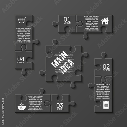 Puzzle four piece business presentation. Square infograph. Circle 4 Step process diagram card. Section compare service banner. Vector illustration template color shape . 3d Abstract Background