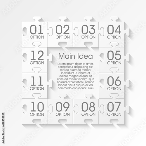 Puzzle twelve piece business presentation. Square infograph. Circle 12 Step process diagram card. Section compare service banner. Vector illustration template color shape . 3d Abstract Background