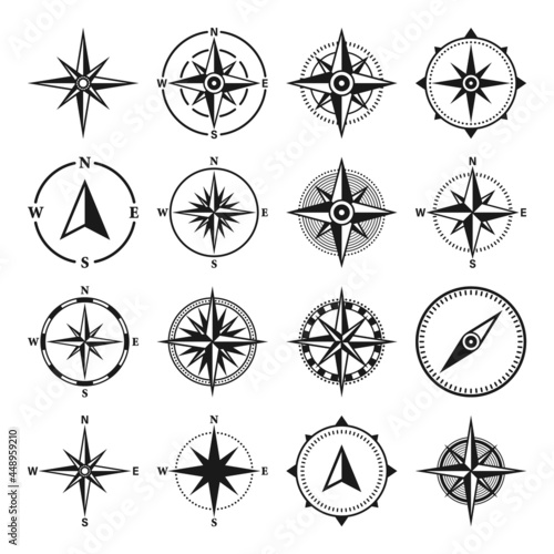 Vintage marine wind rose, nautical chart. Monochrome navigational compass with cardinal directions of North, East, South, West. Geographical position, cartography and navigation. Vector illustration.