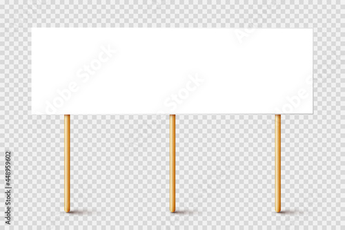 Blank protest sign with wooden holder. Realistic vector demonstration banner. Strike action cardboard placard mockup.