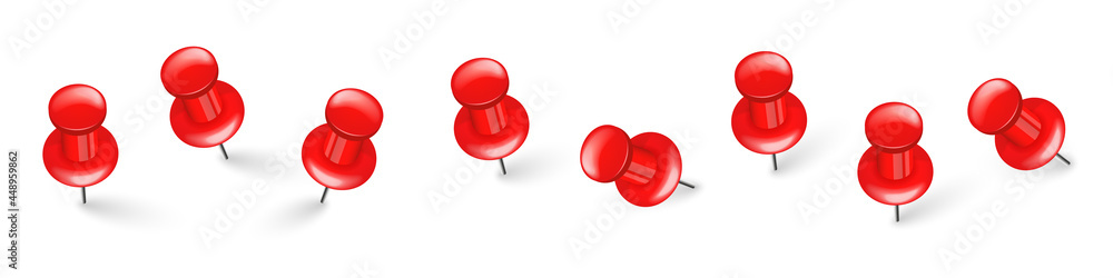 Realistic red push pins. Board tacks isolated on white background. Plastic pushpin with needle. Vector illustration. Realistic red push pins. Board tacks isolated on white background. Plastic pushpin with needle. Vector illustration.