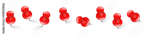 Realistic red push pins. Board tacks isolated on white background. Plastic pushpin with needle. Vector illustration.