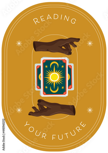 Vector Illustration Icon, Card, Banner. Ritualistic, Wicca, witch art with tarot cards and hands. 