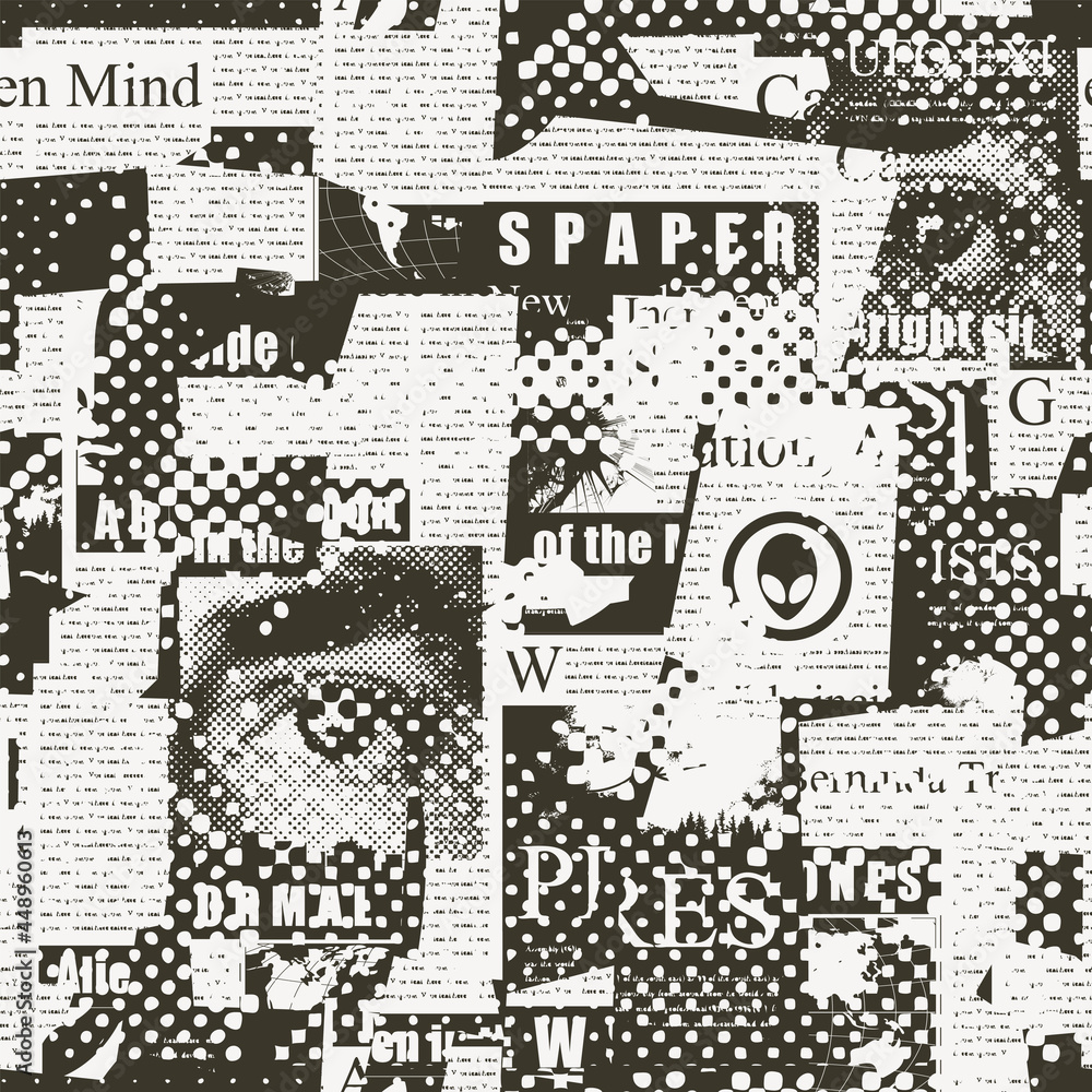 Abstract seamless pattern with a collage of magazine and newspaper clippings in grunge style. Vector background, wallpaper, wrapping paper or fabric with unreadable text, titles and illustrations Abstract seamless pattern with a collage of magazine and newspaper clippings in grunge style. Vector background, wallpaper, wrapping paper or fabric with unreadable text, titles and illustrations