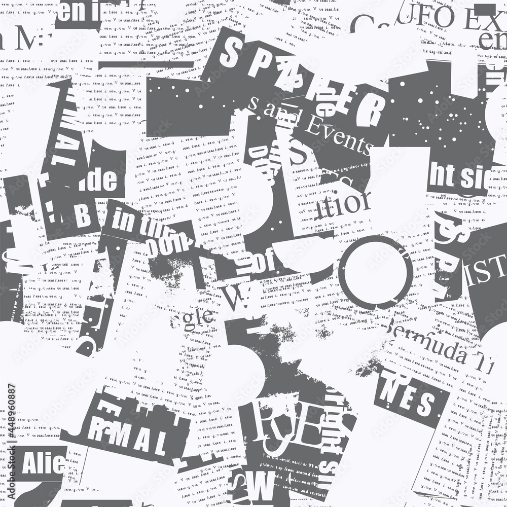 Abstract seamless pattern with fragments of old newspaper and magazine pages. Monochrome vector background with illegible text and titles. Suitable for wallpaper, wrapping paper or fabric retro style