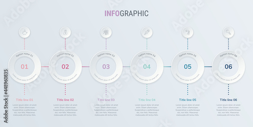 Abstract business rounded infographic template in vintage colors, with 6 options. Colorful diagram, timeline and schedule isolated on light background. 
