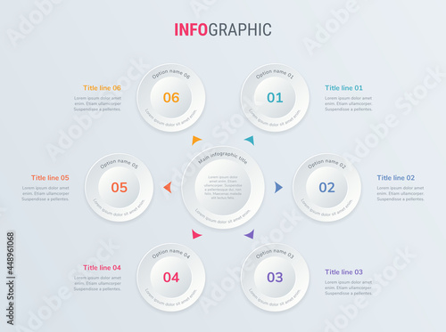 Vector infographics timeline design template with circle elements. Content, schedule, timeline, diagram, workflow, business, infographic, flowchart. 6 options infographic.
