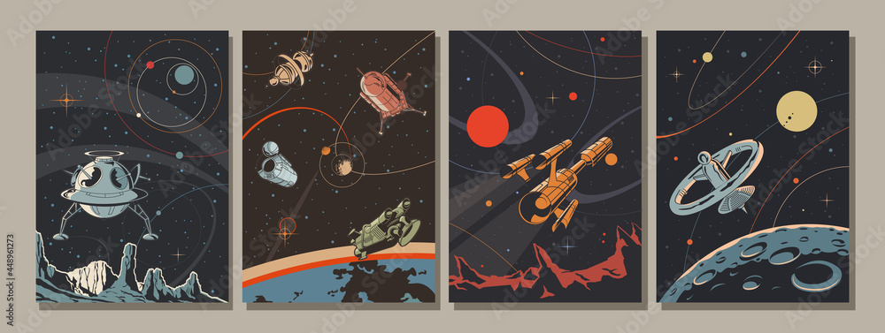 Retro Future Style Space Illustration Set, Spacecraft, Rockets, Orbital Station, Planets - obrazy, fototapety, plakaty 