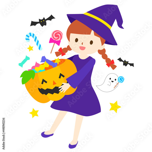 ハロウィンのかぼちゃから溢れるお菓子と魔女