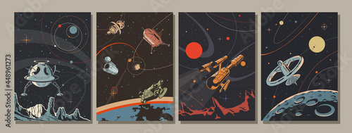 Retro Future Style Space Illustration Set, Spacecraft, Rockets, Orbital Station, Planets photo
