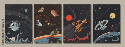 Obraz Retro Future Style Space Illustration Set, Spacecraft, Rockets, Orbital Station, Planets