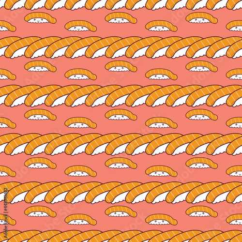 Sushi with cute character seamless pattern, Vector-Illustration graphic, Salmon Sushi Japanese Food with bright background.