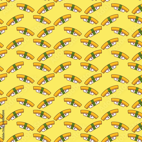 Kawai Japanese Food Cute Design Seamless Pattern, Background Vector Illustration. Kawai Nigiri. Tamago Nigiri, Egg Sushi.