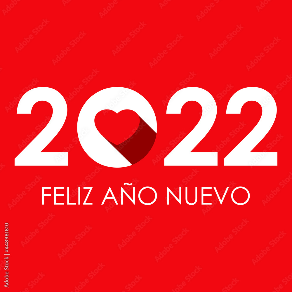 Banner con frase Feliz Año Nuevo 2022 en español con corazón con sombra en fondo rojo