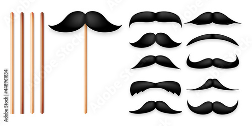 Realistic black mustache on a wooden stick. Fake paper mustache isolated on white background. Fashionable facial hair. Vintage design element. Creative vector illustration.