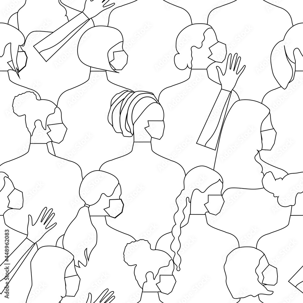 A crowd of young and old women wearing medical masks. Seamless pattern of people of different nationalities and religions with a thin line for coloring. Coronavirus quarantine concept. 