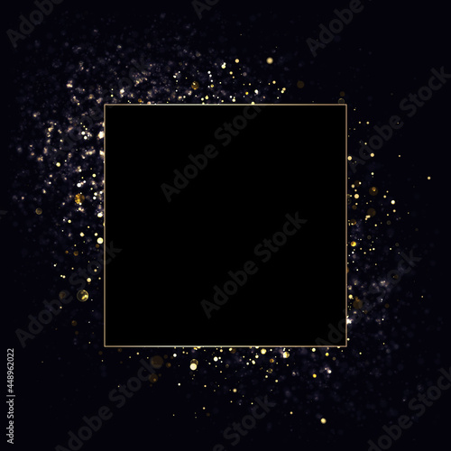 Vector square gold frame with glitter and flares.