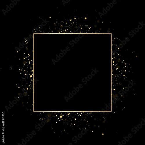 Vector square gold frame with glitter and flares.