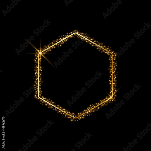 Vector hexagonal gold frame with glitter and flares.