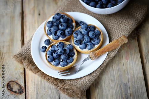 Blueberry tartlets on a plate. Healthy berry dessert. Summer cooking.