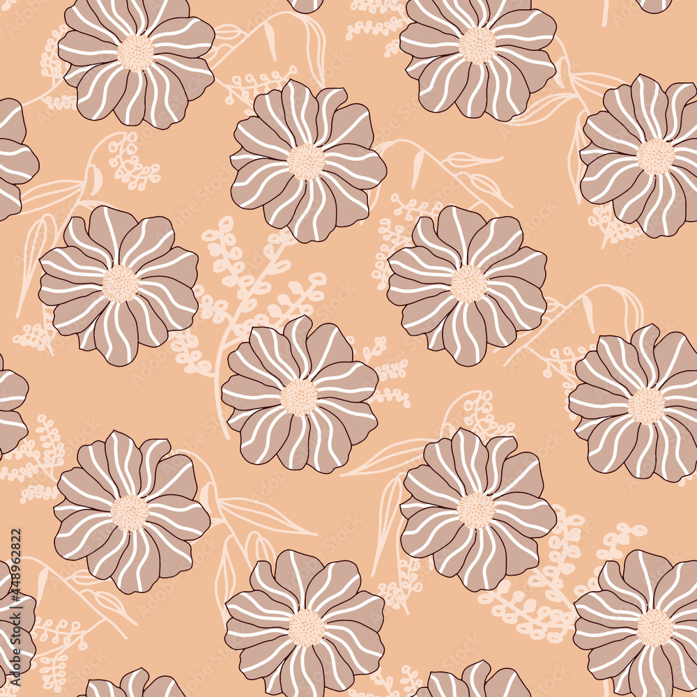 Fototapeta premium Abstract Hand Drawing Dahlia Flowers Leaves and Branches Seamless Vector Pattern Isolated Background