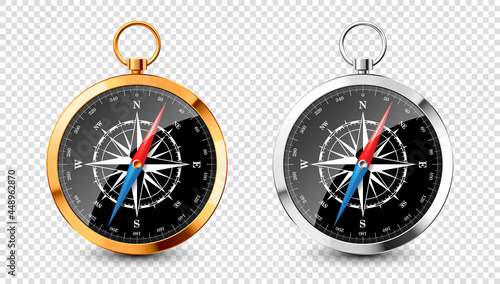 Realistic silver, golden vintage compass with marine wind rose and cardinal directions of North, East, South, West. Shiny metal navigational compass. Cartography and navigation. Vector illustration.