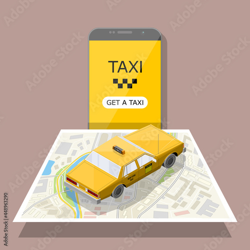 Yellow isometric taxi cab banner. Online mobile application order taxi service illustration. Flat car isometric quality banner. 3D taxi vehicle smartphone. Get a taxi online phone isometry application
