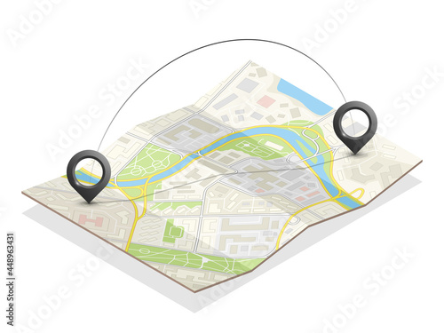 Isometric city map navigation, point markers background, 3d flat isometry drawing schema, 3D simple city plan GPS navigation, final destination arrow paper city map. Route delivery check point graphic