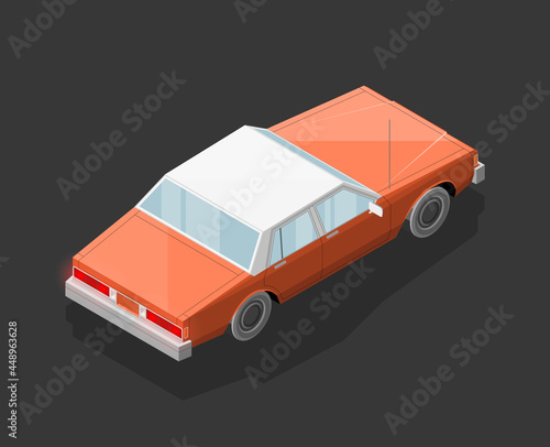 Isometric car sharing banner. Auto transportation route map, Fast automobile logistic 3d transport, application isometry city old auto car infographic classic vehicle. Low poly style car vehicle model