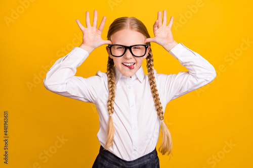 Photo of positive carefree people arms palms show horns head tongue out isolated on yellow color background photo