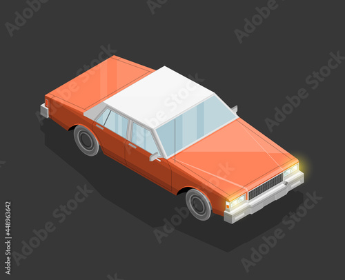 Isometric car sharing banner. Auto transportation route map, Fast automobile logistic 3d transport, application isometry city old auto car infographic classic vehicle. Low poly style car vehicle model