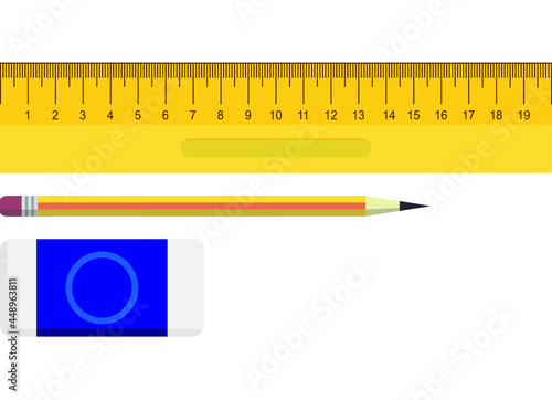 Pencil, eraser, rulers for schoolchildren. Flat design.