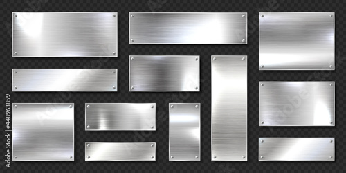 Realistic shiny metal banners set. Brushed steel plate with screws. Polished silver metal surface. Vector illustration.