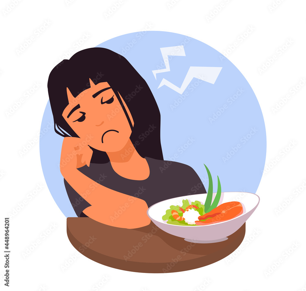 Eating disorder. A girl with no appetite for food. A woman not hungry